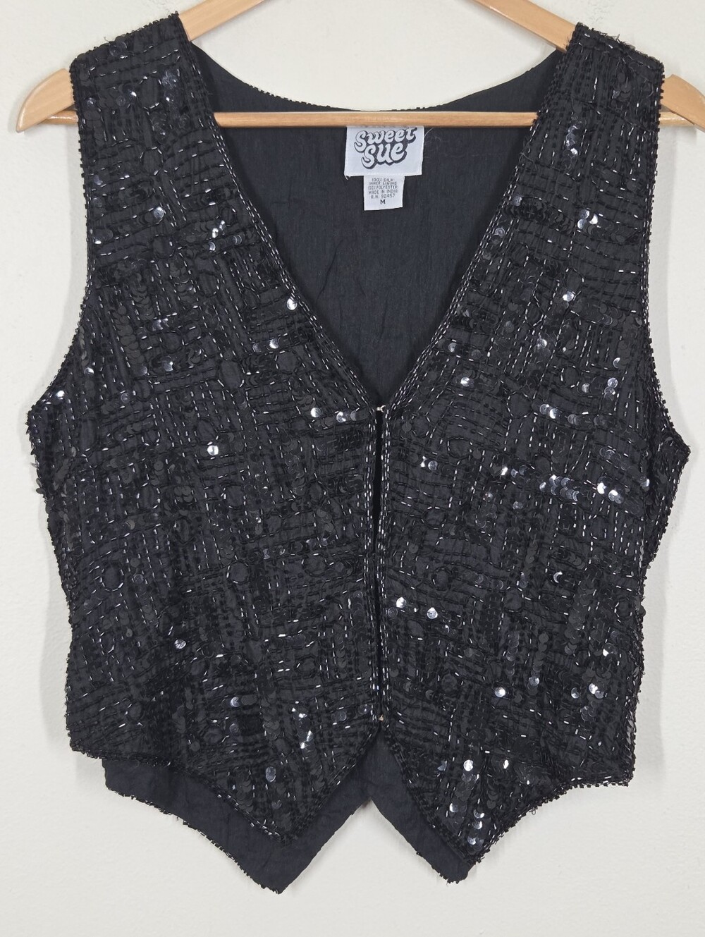 Vtg Sweet Sue Black Silk Beaded Sequin Vest M Glam Grunge 80s Maximalist Artsy